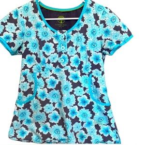Healing Hands Teal Gray Floral Scrub Top Small